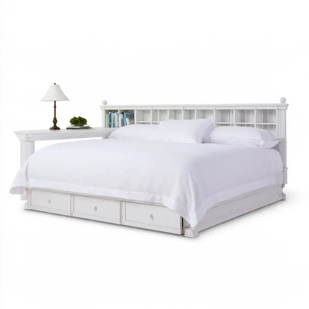Cama con cabecero con estantes y cajones bajos - blanco