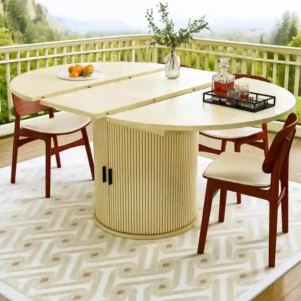 Mesa de comedor con tablero redondeado y base central - amarillo