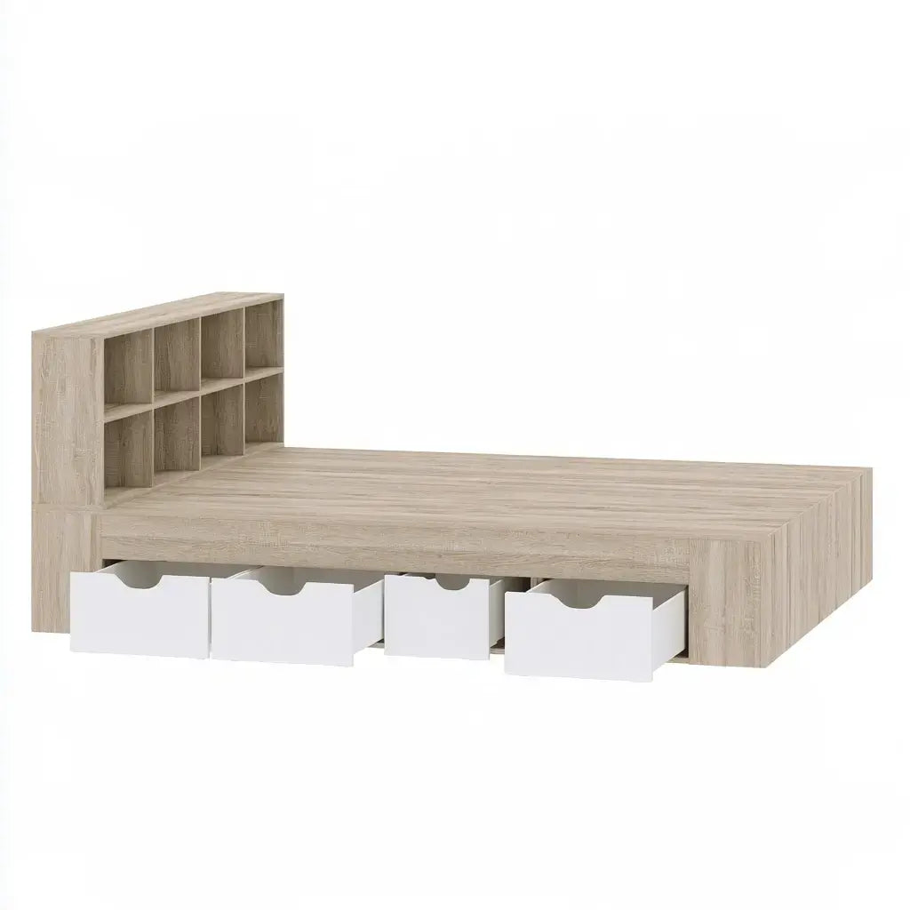 Cama con cabecero con estantes y cajones bajos - beige