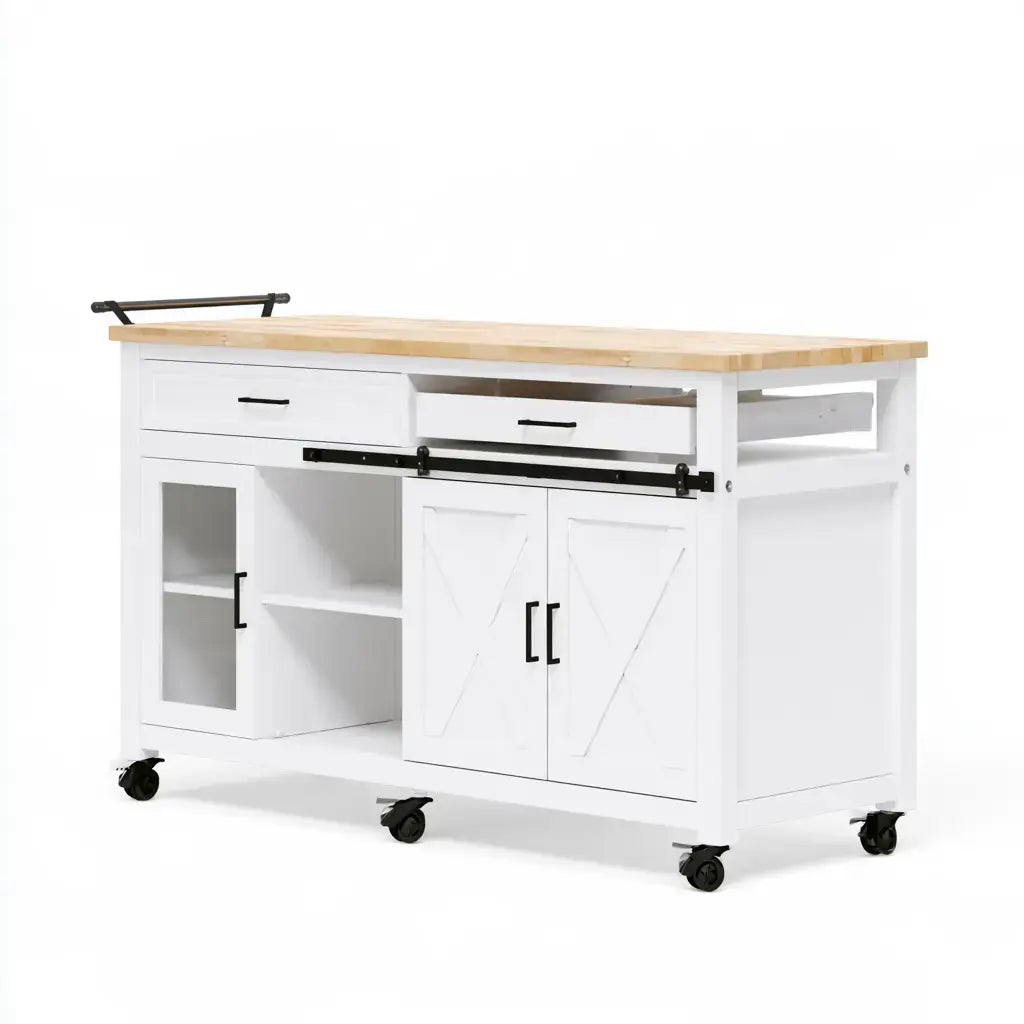 Isla de cocina con puertas bajas y estantes laterales - blanco/beige
