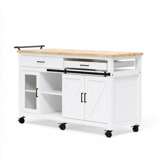 Isla de cocina con puertas bajas y estantes laterales - blanco/beige