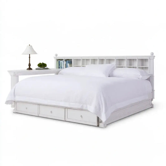 Cama con cabecero con estantes y cajones bajos - blanco
