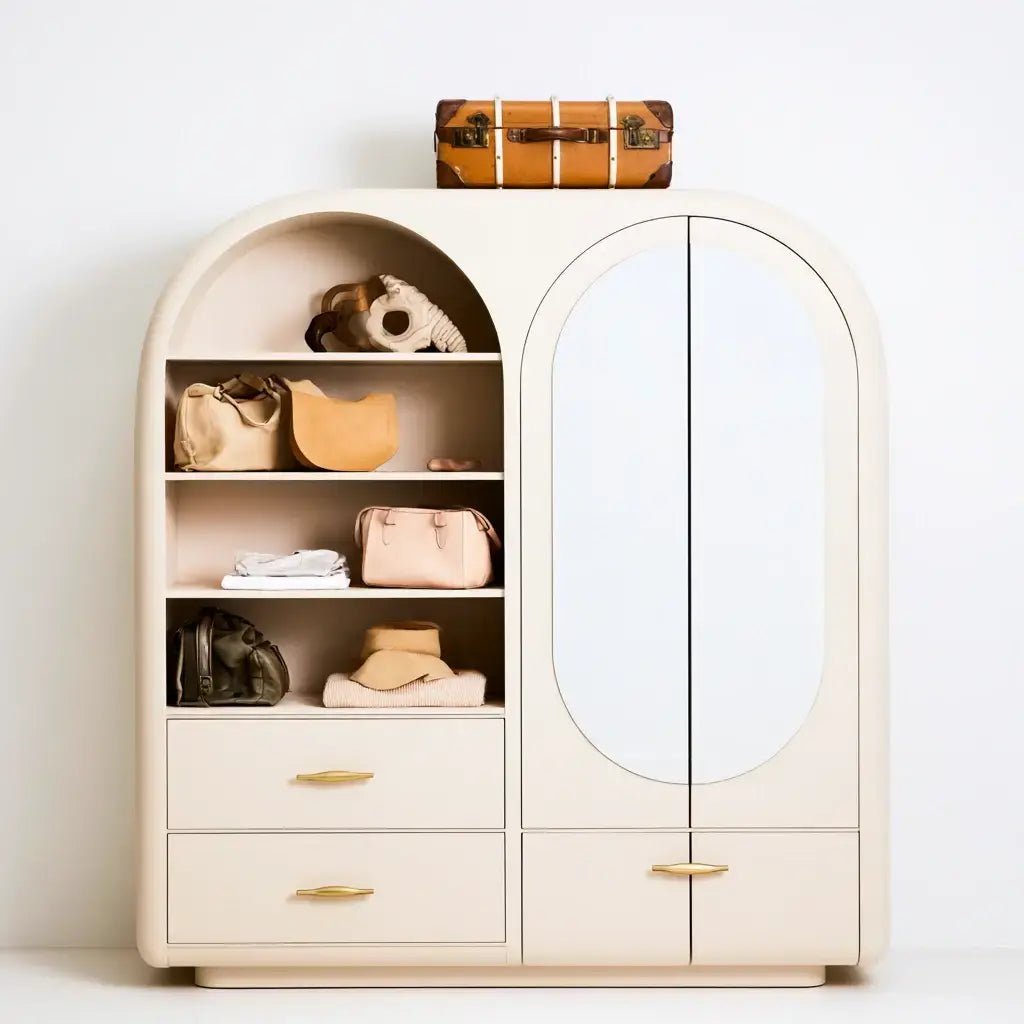 Armario con puerta ovalada y estantes abiertos - beige